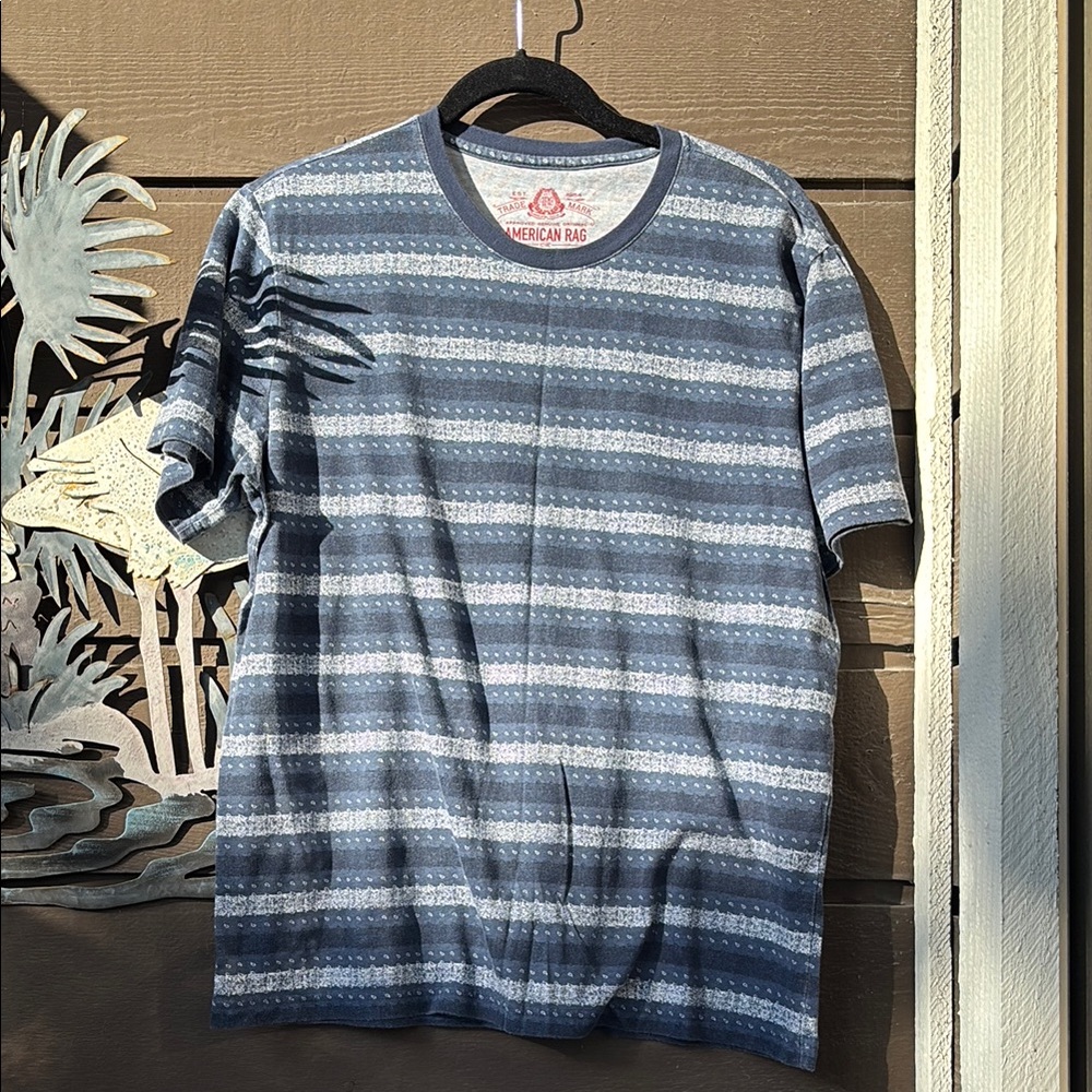 American Rag Blue Gray Short Sleeve Tee with Graphic Stripes
